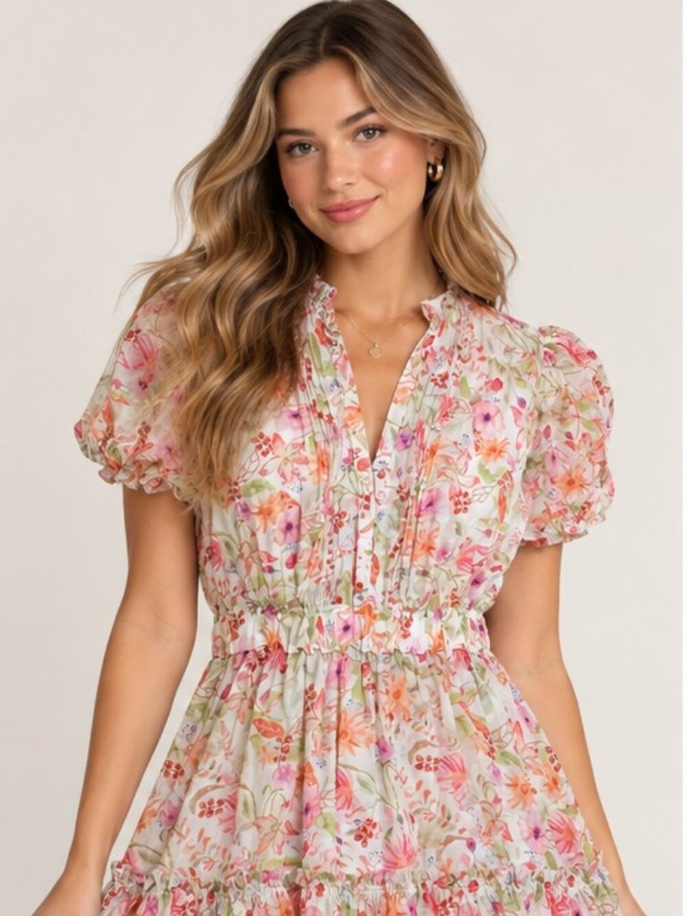 Meet Me In Santorini Floral Puff Sleeve Tiered Mini Dress Size M Multi NWT